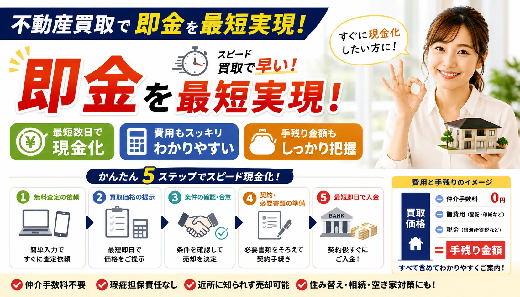 不動産買取で即金を最短実現!かんたんステップと費用・手残りをわかりやすく解説
