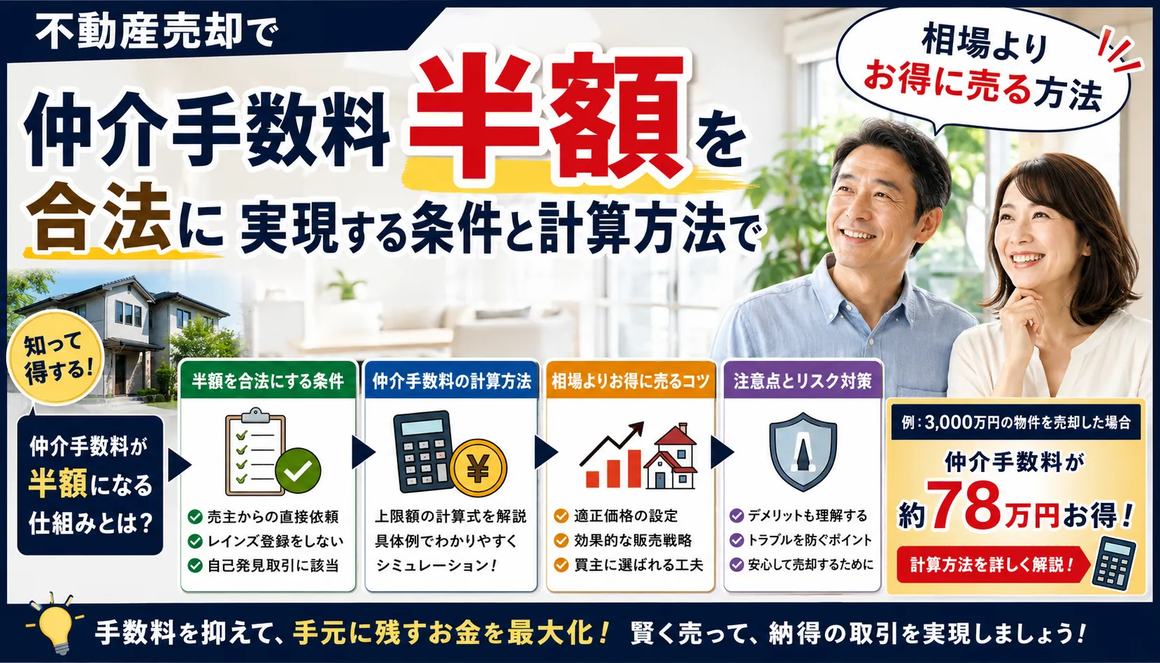 不動産売却で仲介手数料半額を合法に実現する条件と計算方法で相場よりお得に売る方法