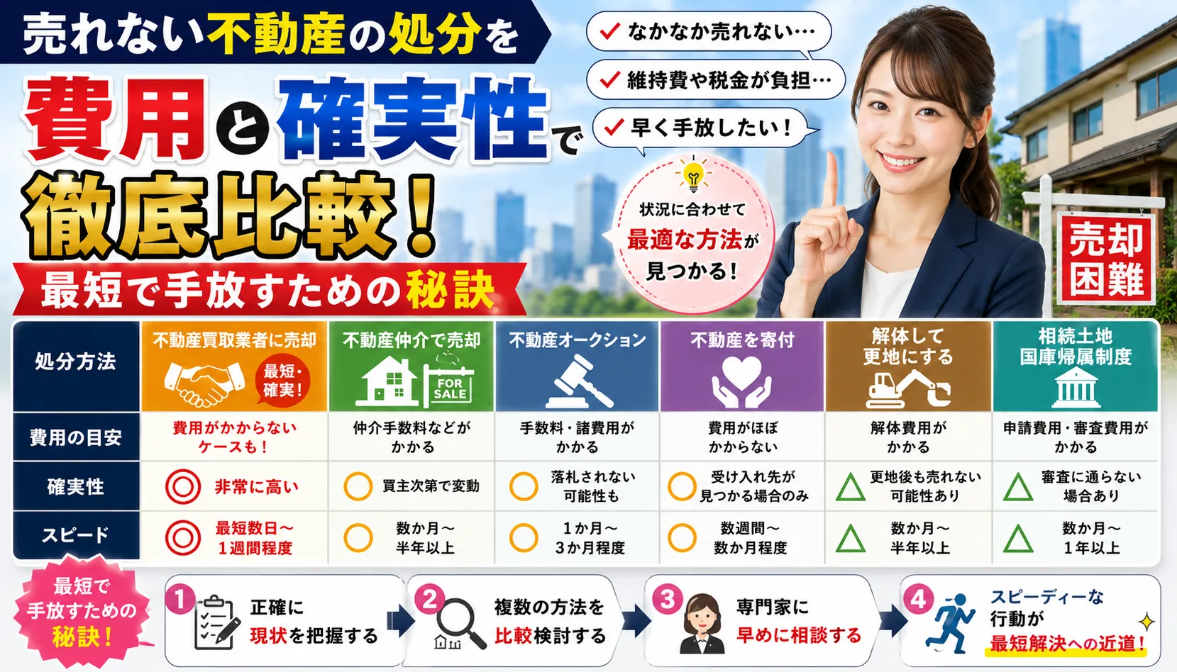 売れない不動産の処分を費用と確実性で徹底比較!最短で手放すための秘訣