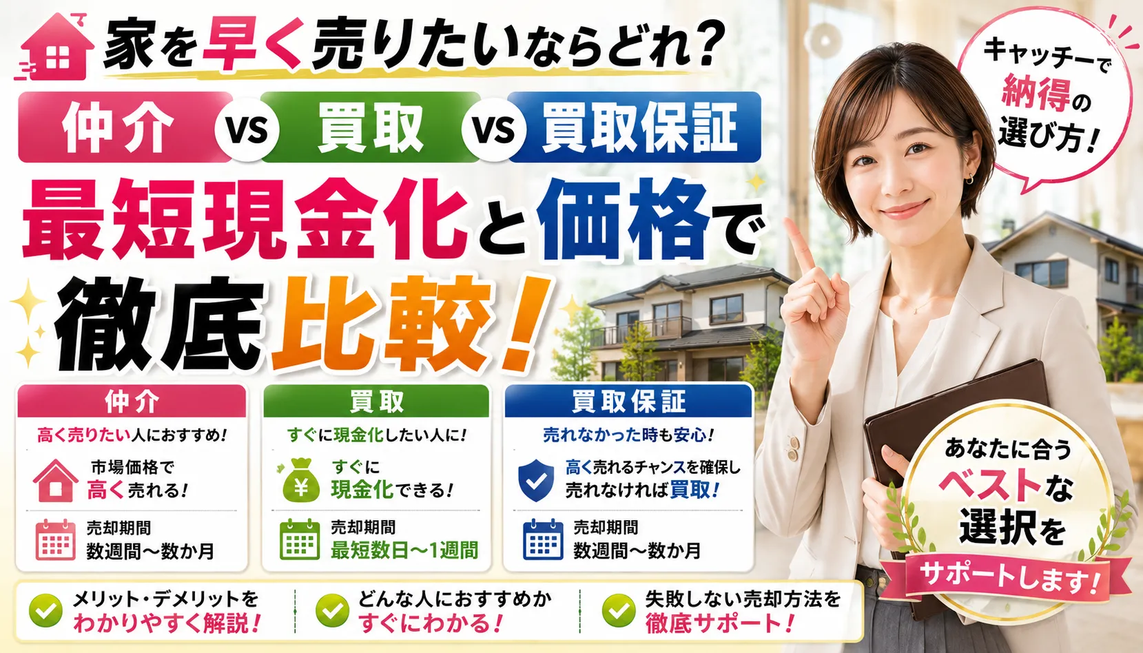 家を早く売りたいならどれ?仲介と買取や買取保証を最短現金化と価格で徹底比較【キャッチーで納得の選び方】