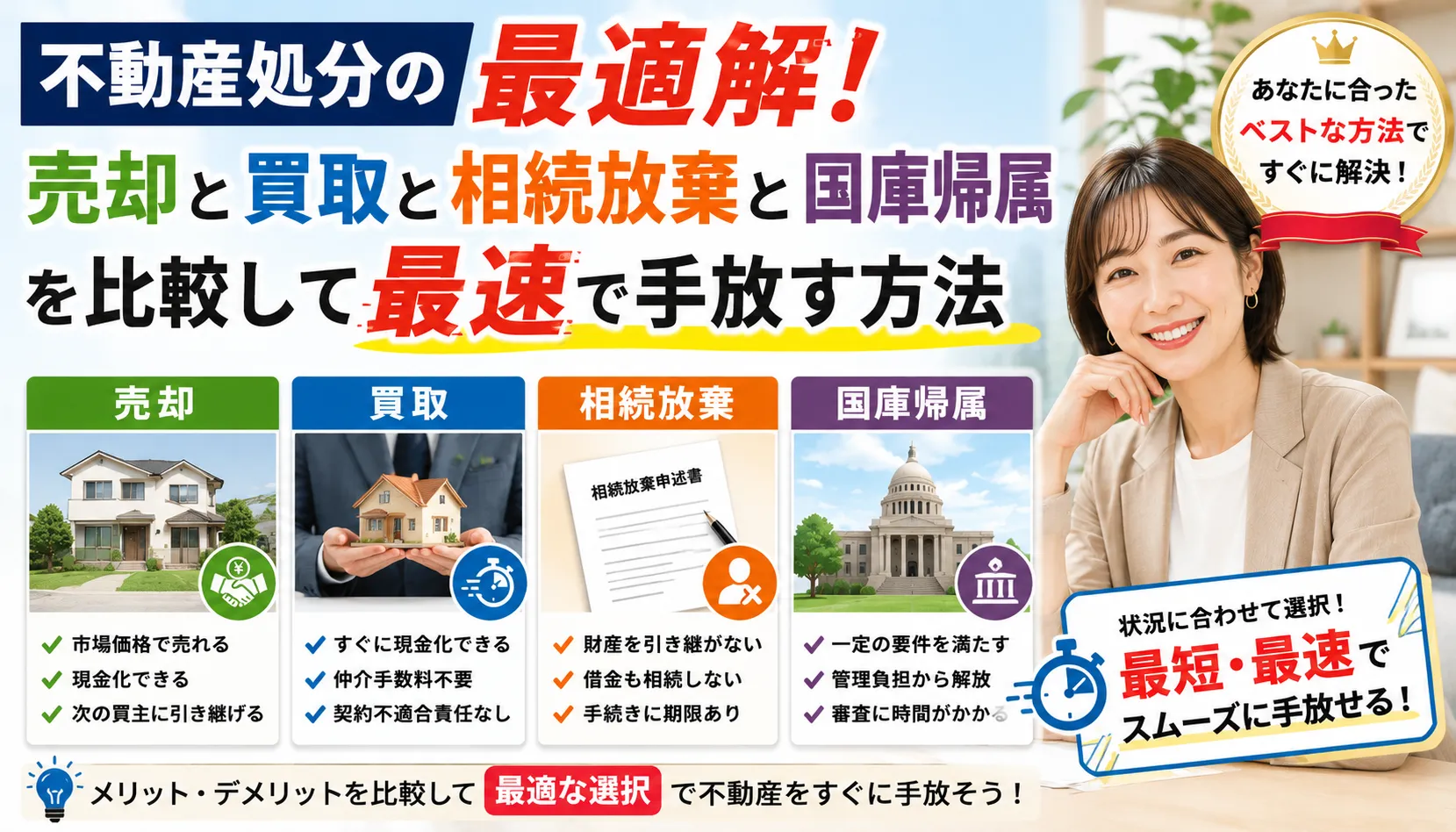 不動産処分の最適解!売却と買取と相続放棄と国庫帰属を比較して最速で手放す方法