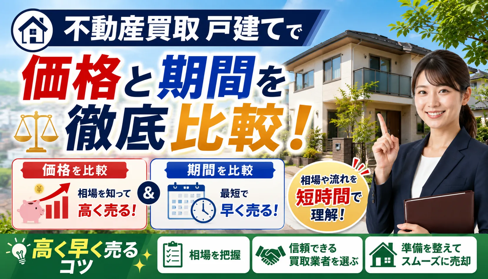 不動産買取戸建てで価格と期間を徹底比較！相場や流れを短時間で理解して高く早く売るコツ